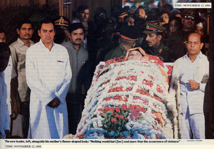 The dead Indira Gandhi with her son, Prime Minister Ranjiv Ghandi.